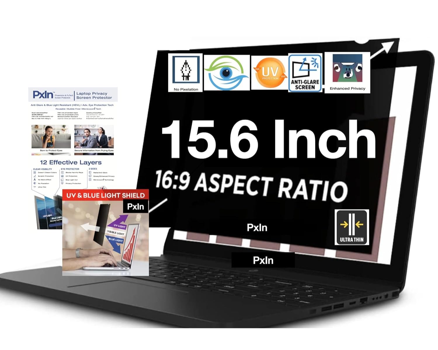Pxin PHOENIX 15.6" Laptop Privacy Screen Filter (Anti Blue Light + Anti Glare)