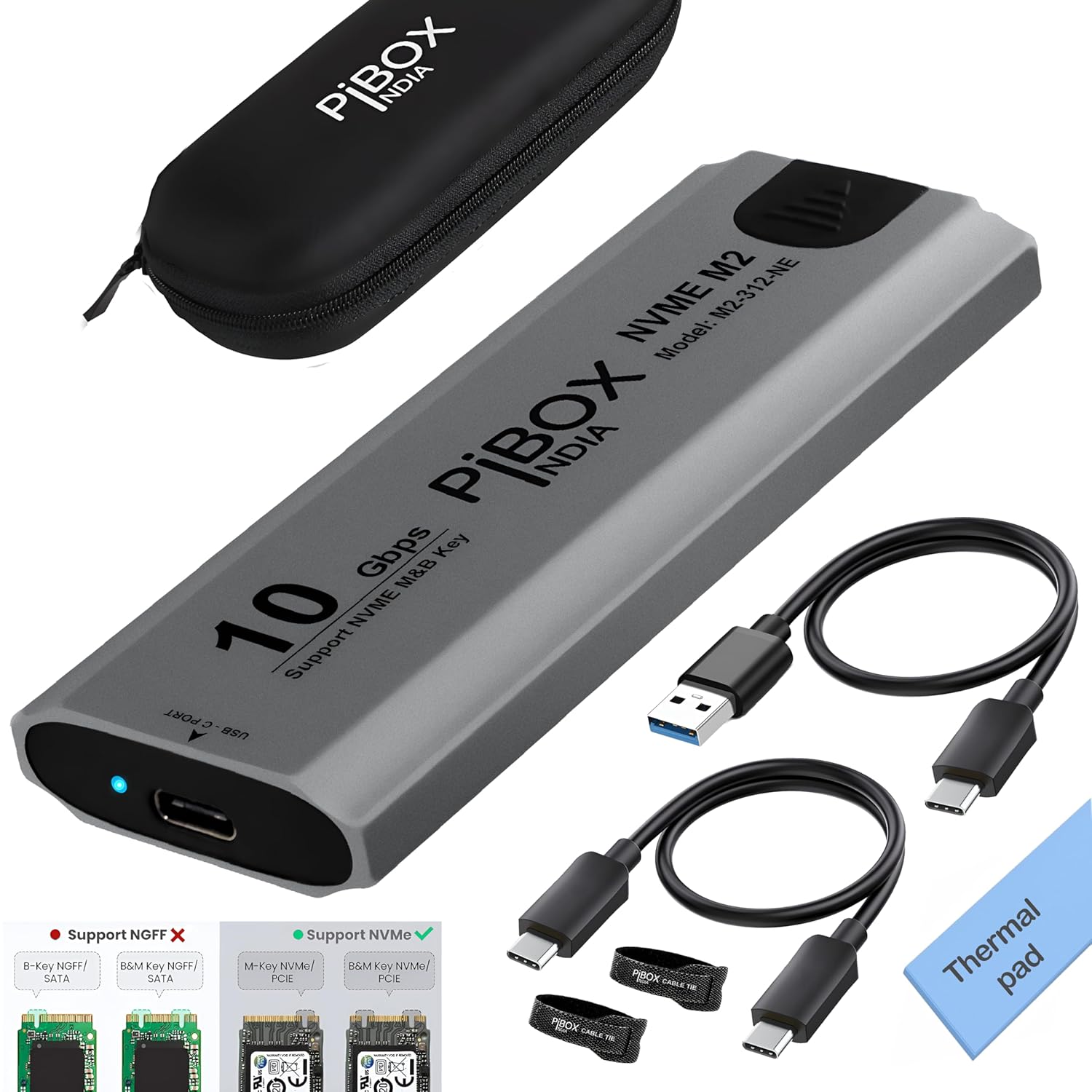 pibox India NVMe M.2 Tool-Free SSD Enclosure — 10Gbps USB-C